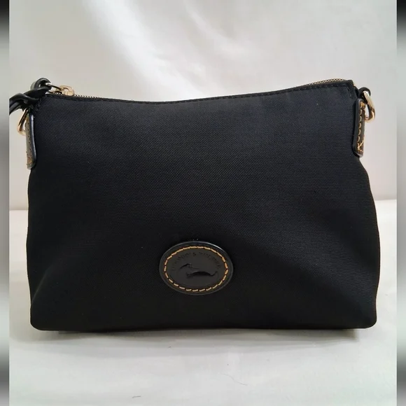 Dooney & Bourke Black Nylon Tan Straps Double Zip Crossbody Bag W Free Pouch - Picture 10 of 12